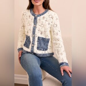 Crochet Cream Jacket with Denim Trim in size P/S